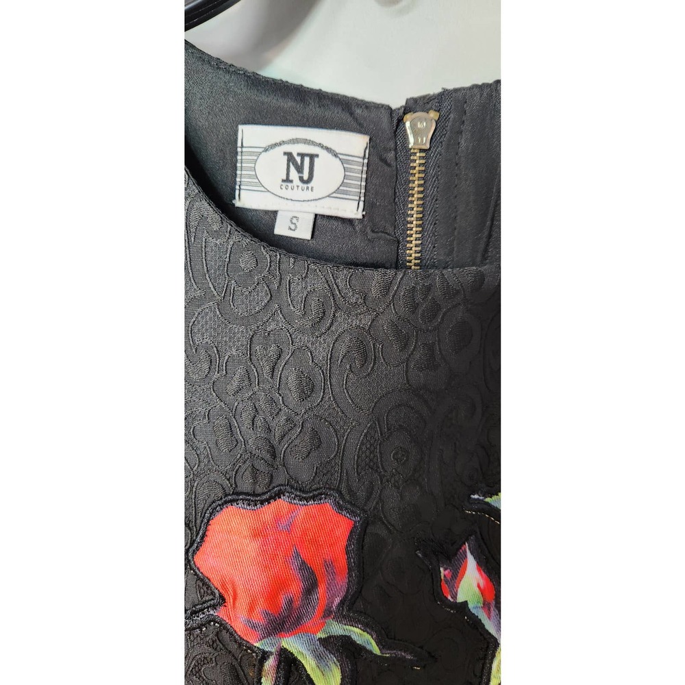 NJ Couture Floral Appliqued Black Shift Dress S - Picture 3 of 5
